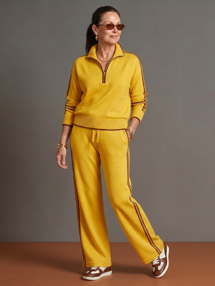 Thea | Women's Zip-Neck Tracksuit – Wide Leg Knit Lounge Set