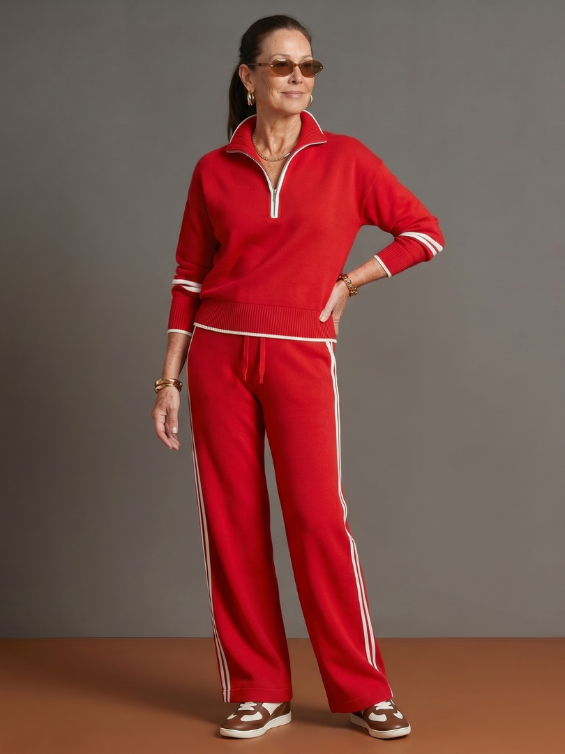 Thea | Women's Zip-Neck Tracksuit – Wide Leg Knit Lounge Set