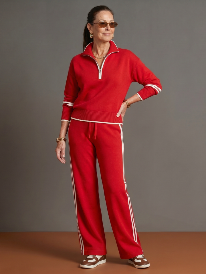 Thea | Women's Zip-Neck Tracksuit – Wide Leg Knit Lounge Set