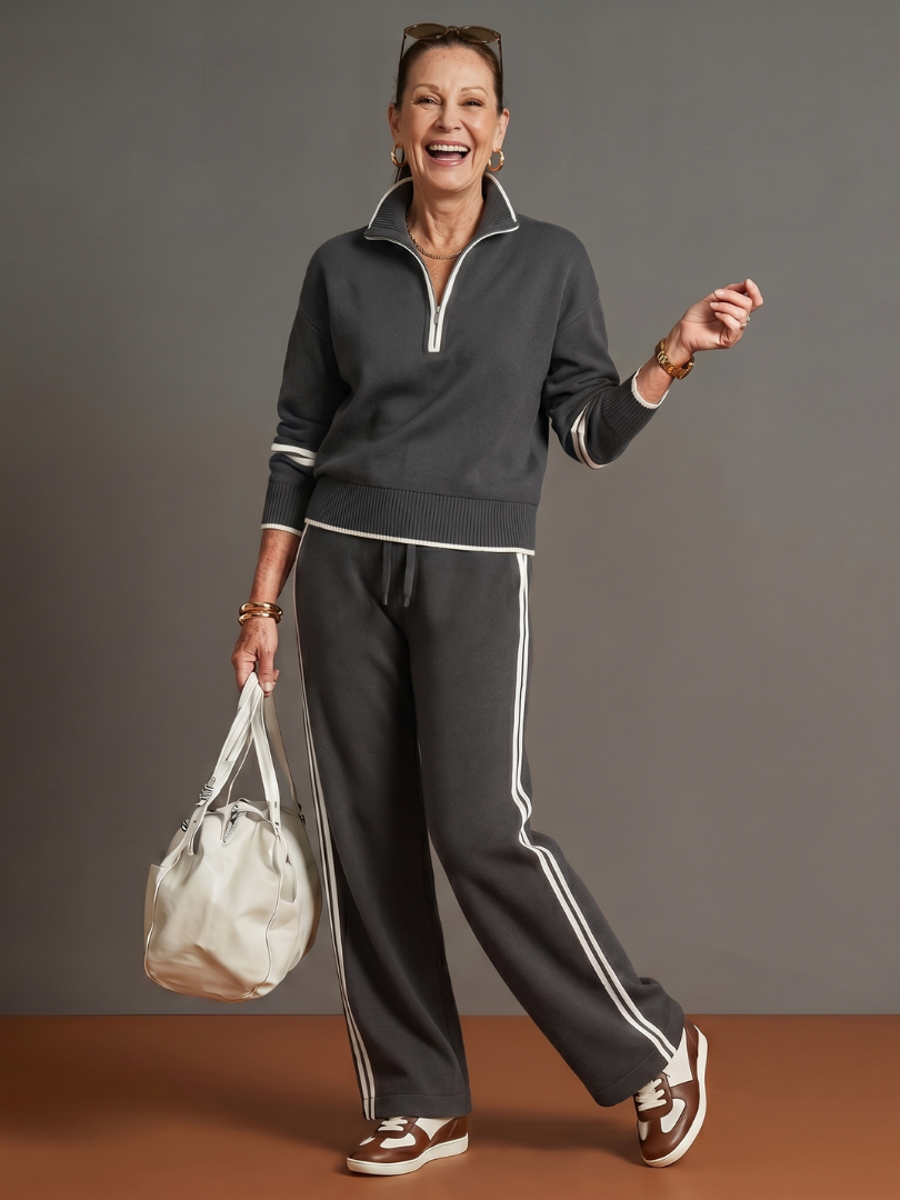 Thea | Women's Zip-Neck Tracksuit – Wide Leg Knit Lounge Set