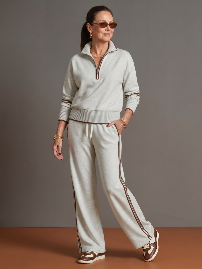 Thea | Women's Zip-Neck Tracksuit – Wide Leg Knit Lounge Set