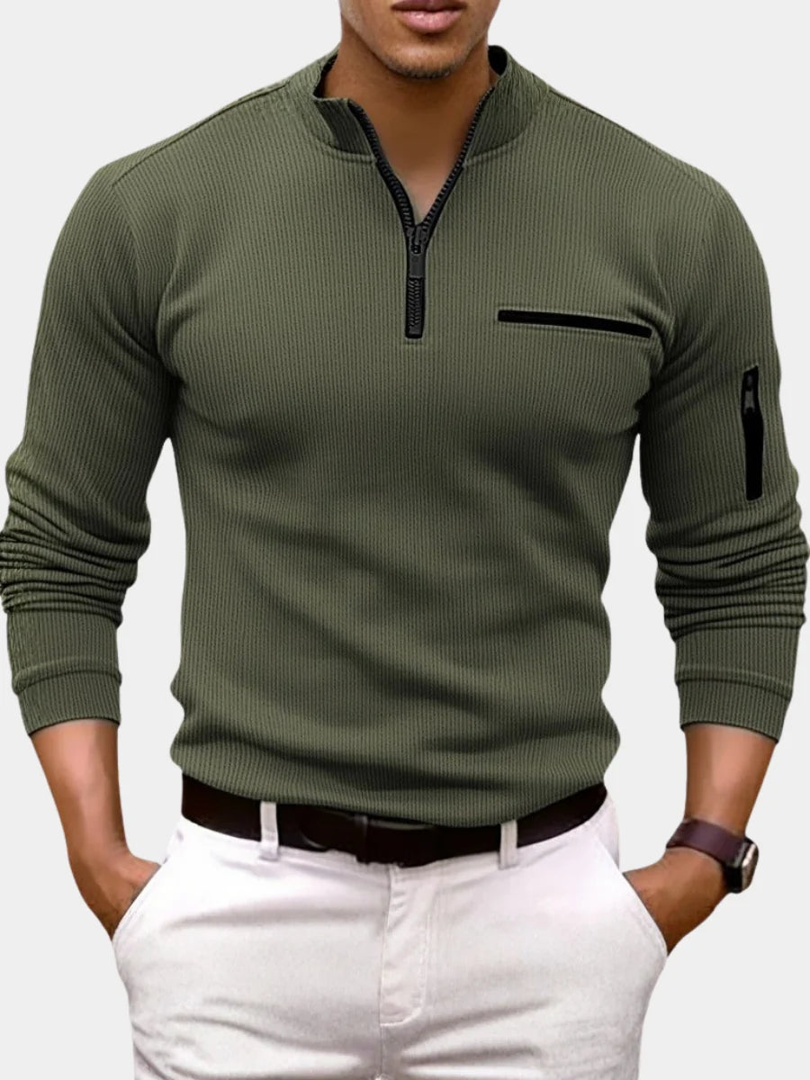 Mens Half Zip Athletic Shirt Ribbed Long Sleeve 1