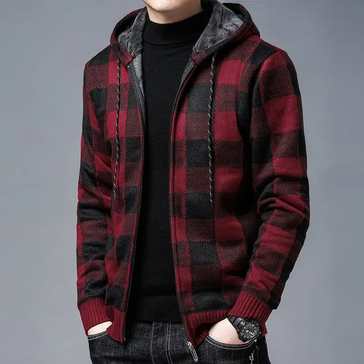 Men's Casual Checkered Zip Hoodie Flannel Warm Layering 0