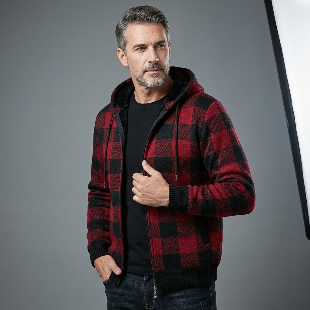 Men's Casual Checkered Zip-Up Hoodie Flannel Warm Layering 6