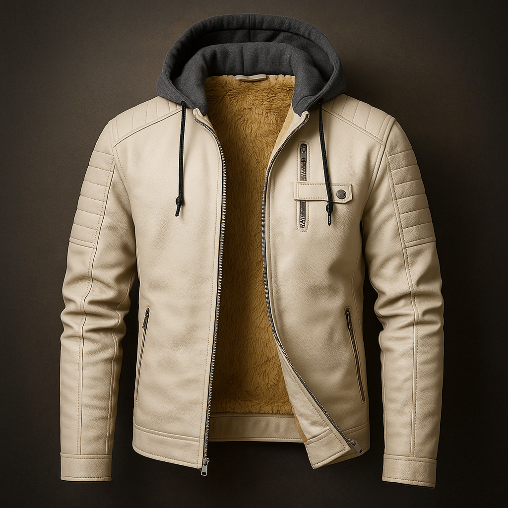 Men's Casual Removable Hood Leather Jacket Warm Lining 0