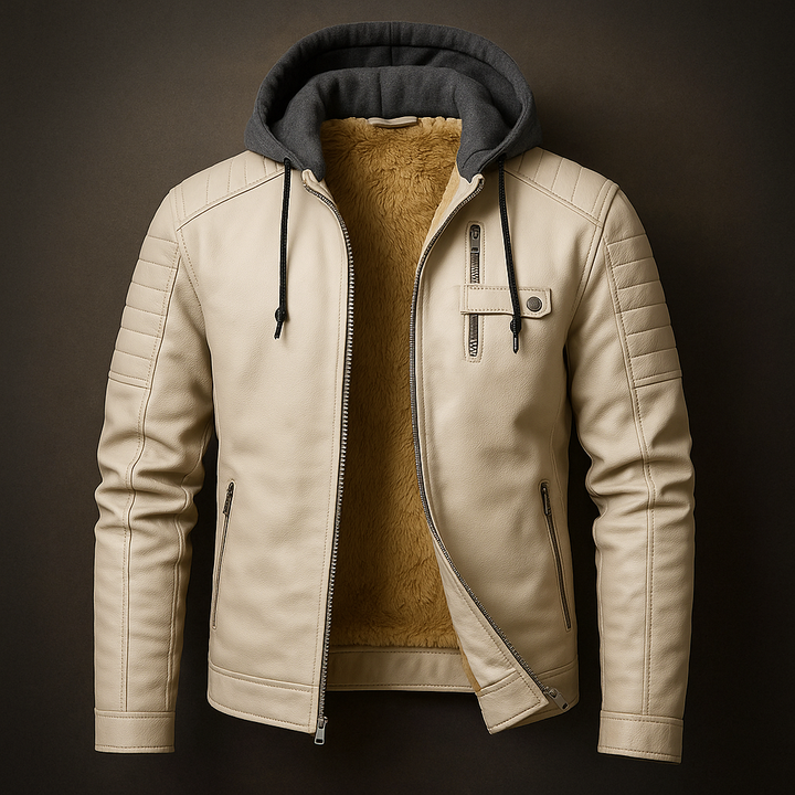 Men's Casual Removable Hood Leather Jacket Warm Lining 0