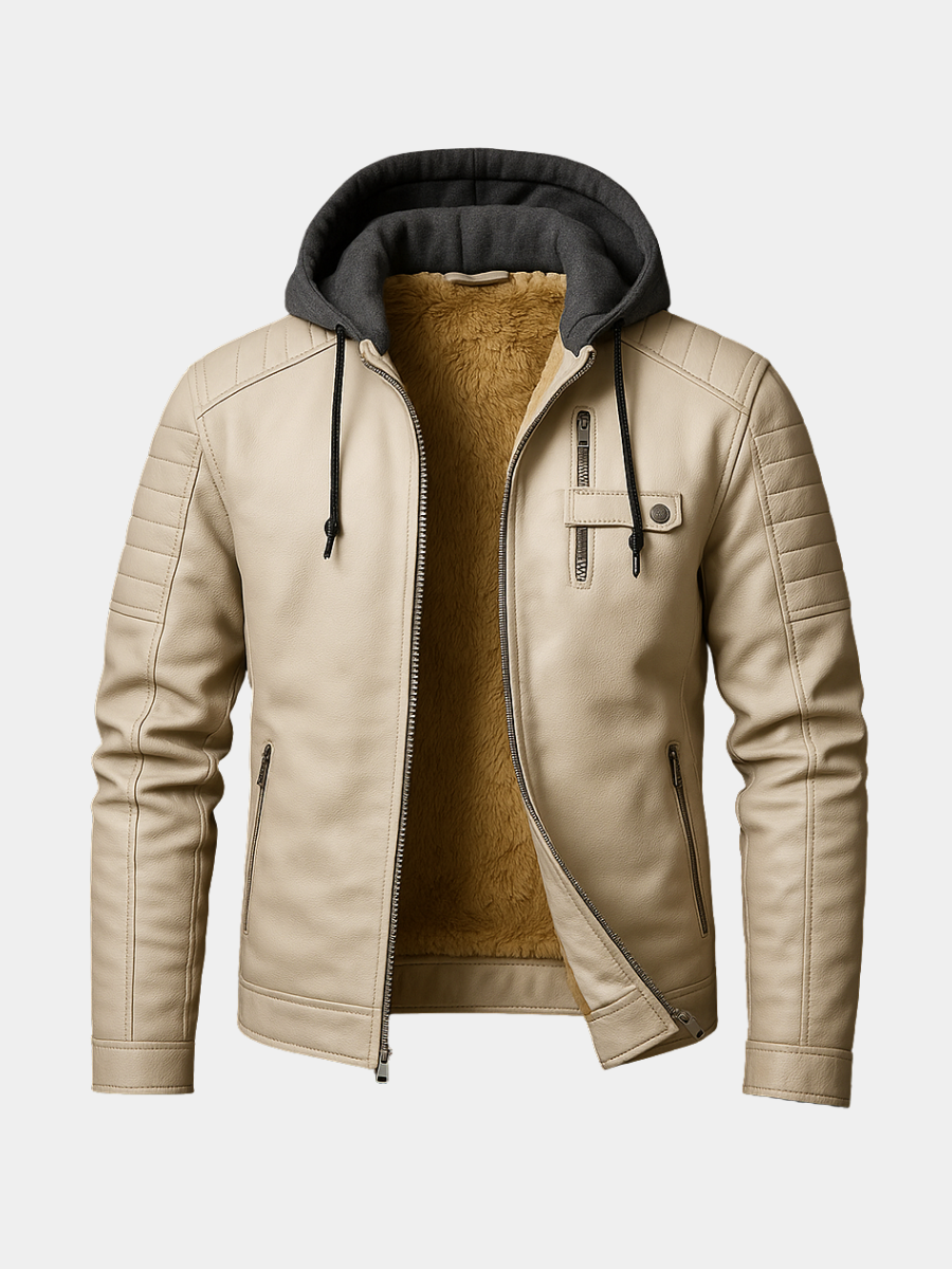 Men's Casual Removable Hood Leather Jacket Warm Lining 1
