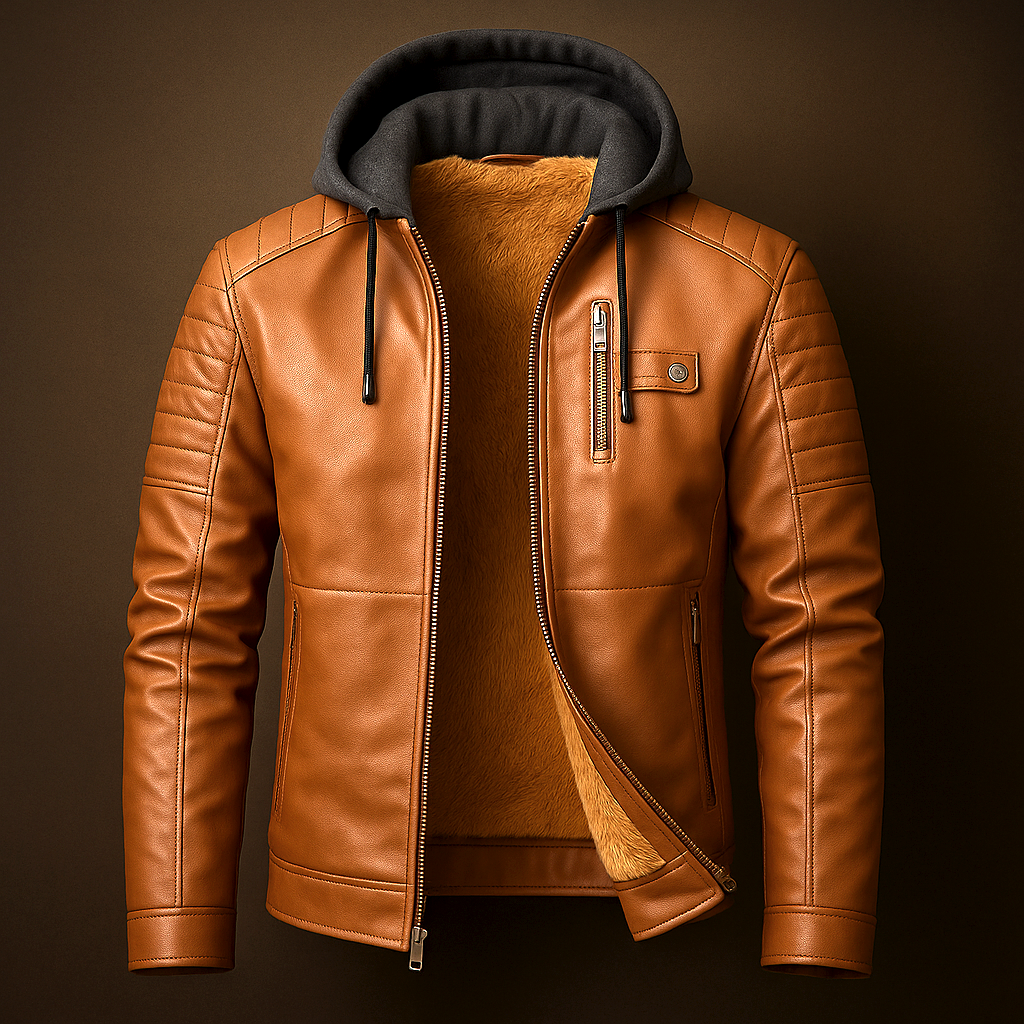Men's Casual Removable Hood Leather Jacket Warm Lining 2