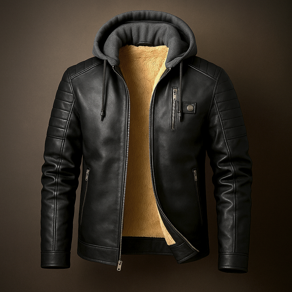 Men's Casual Removable Hood Leather Jacket Warm Lining 3