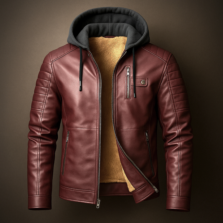 Men's Casual Removable Hood Leather Jacket Warm Lining 4