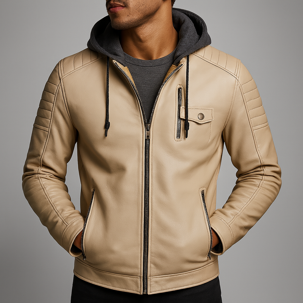 Men's Casual Removable Hood Leather Jacket Warm Lining 5
