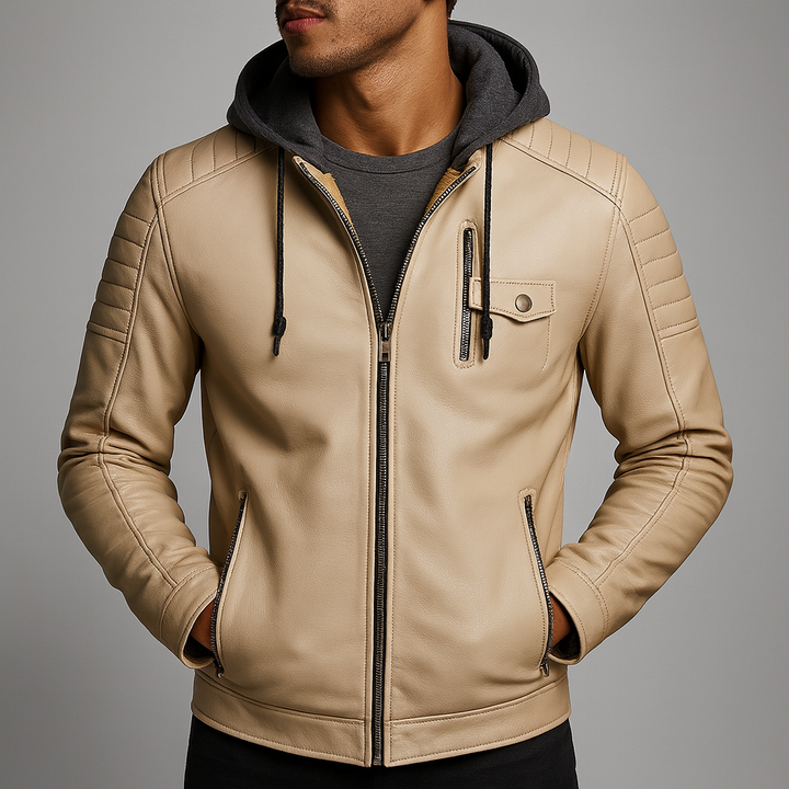 Men's Casual Removable Hood Leather Jacket Warm Lining 5