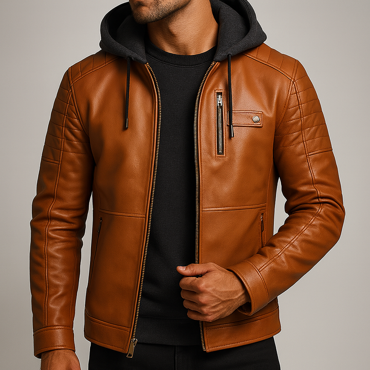 Men's Casual Removable Hood Leather Jacket Warm Lining 6