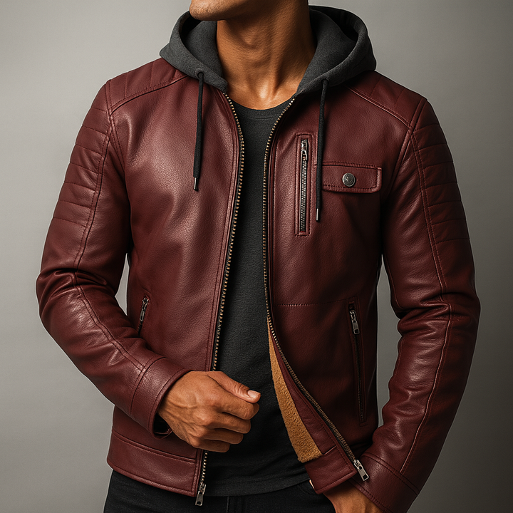 Men's Casual Removable Hood Leather Jacket Warm Lining 7