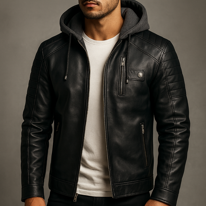 Men's Casual Removable Hood Leather Jacket Warm Lining 8