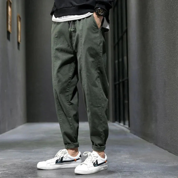 Mens Trousers Casual Tapered Drawstring Waist Cotton 2