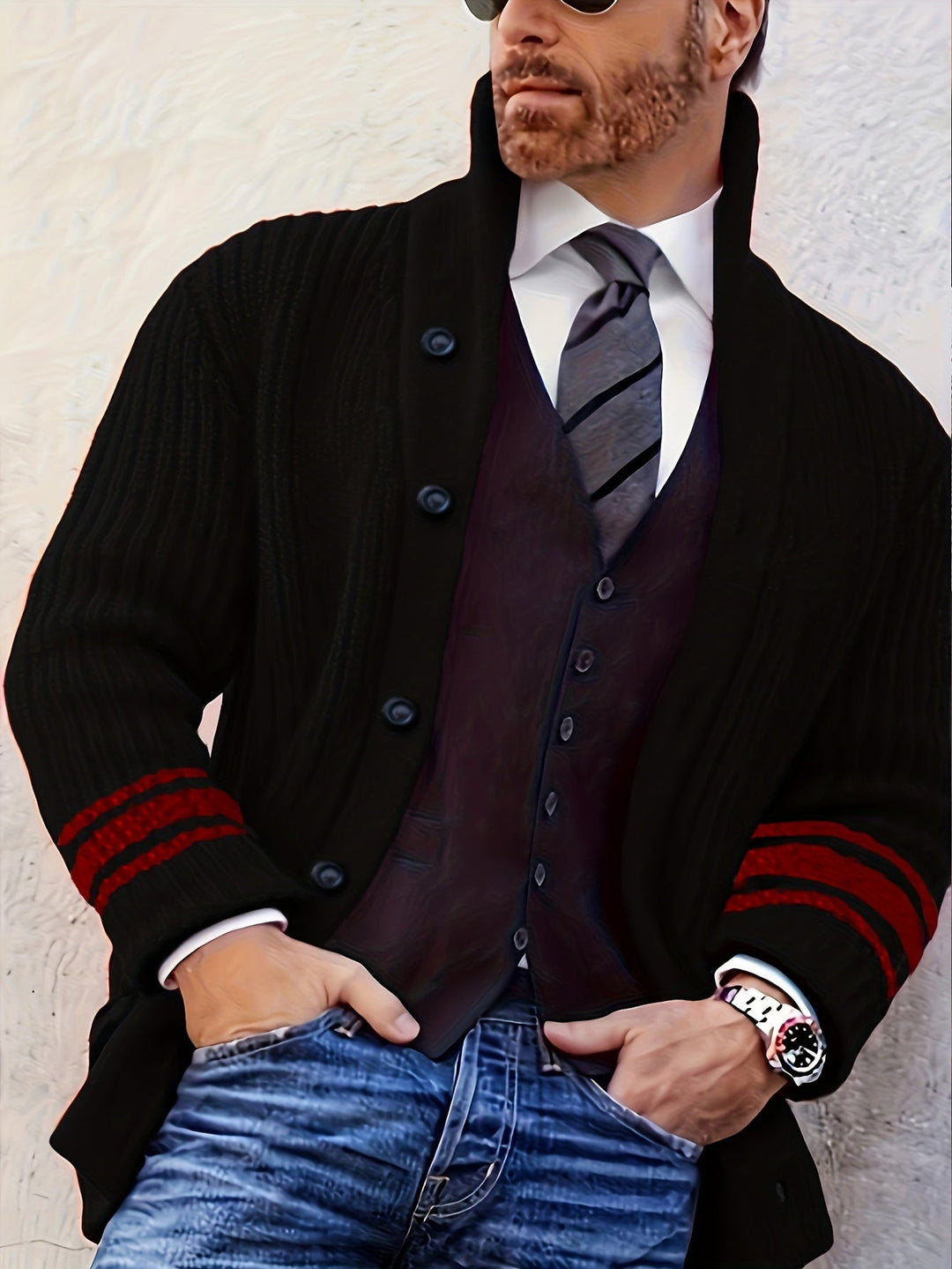 Men's Chunky Knit Long Cardigan with Pockets Acrylic 2