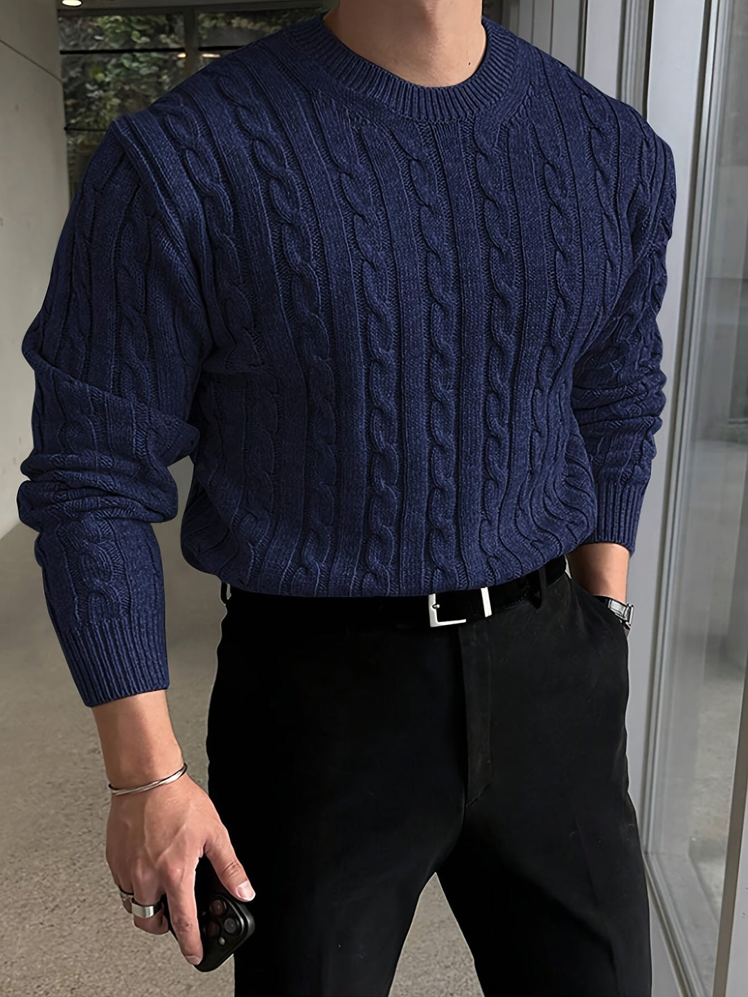 Men's Classic Twisted Knit Long Sleeve Sweater Polyester 4