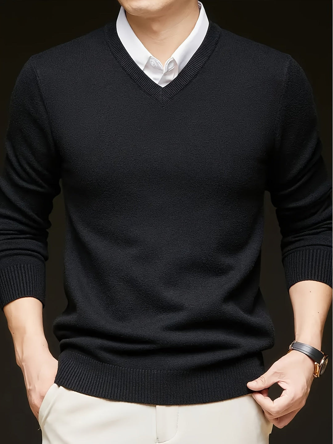 Men's Classic V-Neck Long Sleeve Sweater Polyester 4