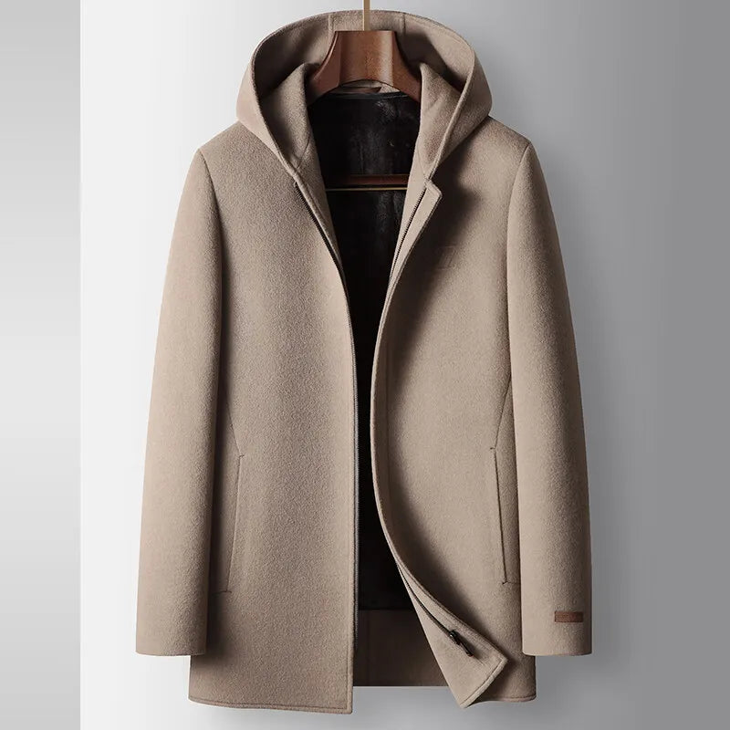 Men's Classic Wool Hooded Zip Coat Warm Winter Outerwear 0