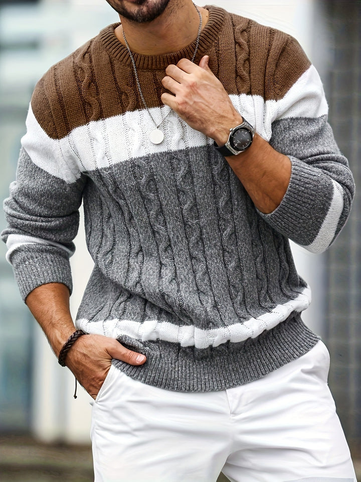 Men's Color Block Cable Knit Pullover Sweater Polyester 0
