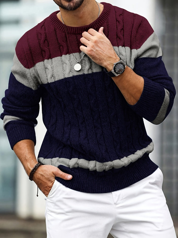 Men's Color Block Cable Knit Pullover Sweater Polyester 2