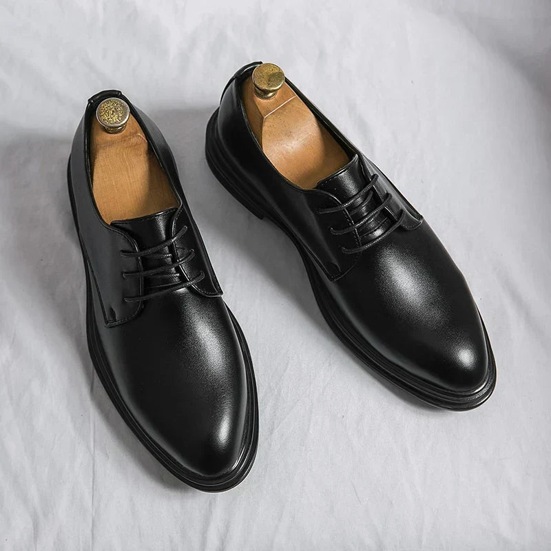 Men's Glossy Derby Shoes Black Leather Formal Lace-Up 0