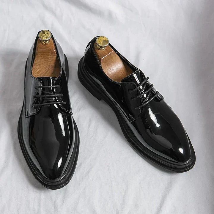 Men's Glossy Derby Shoes Black Leather Formal Lace-Up 1