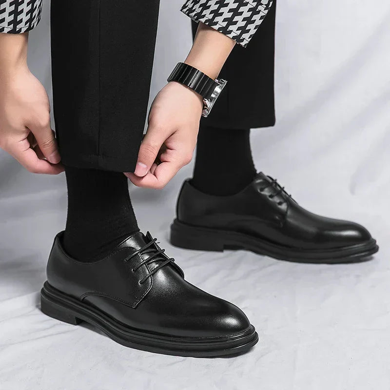 Men's Glossy Derby Shoes Black Leather Formal Lace-Up 3