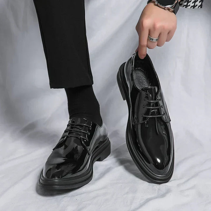 Men's Glossy Derby Shoes Black Leather Formal Lace-Up 4