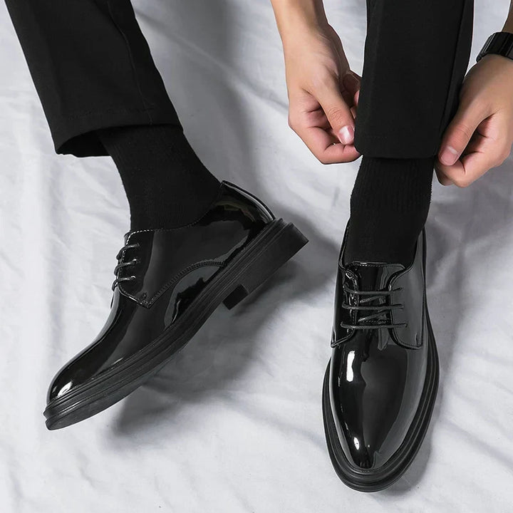 Men's Glossy Derby Shoes Black Leather Formal Lace-Up 5