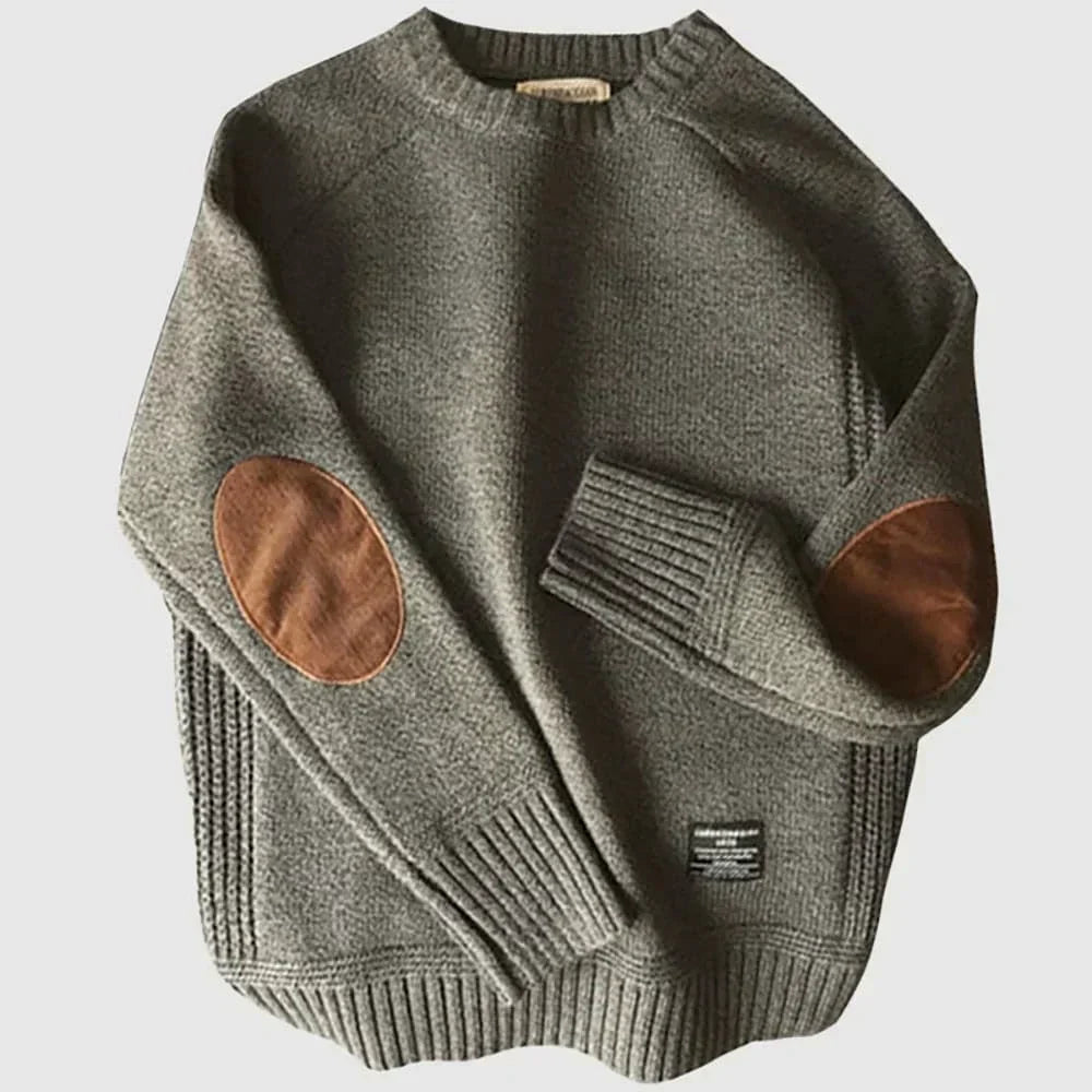 Men's Relaxed Crew-Neck Black Jumper with Elbow Patches Knit 1