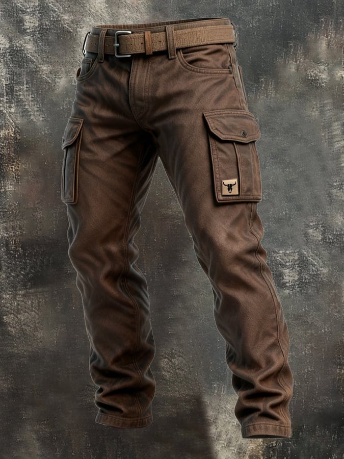 Mens Trousers Slim Fit Tapered Brown Cargo Utility Pockets 0