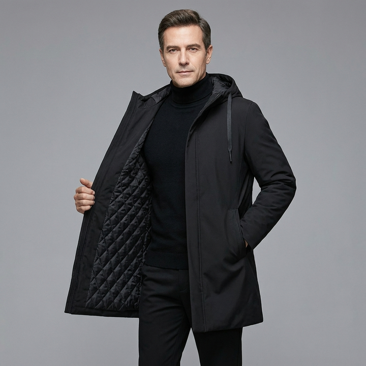 Men's Structured Quilted Mid-Length Coat With Hood 3