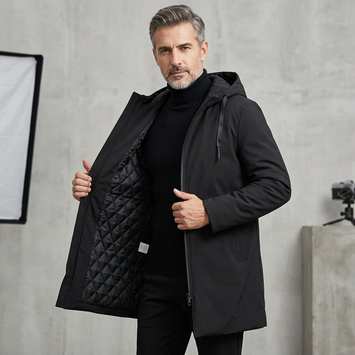 Men's Structured Quilted Mid-Length Coat With Hood 4