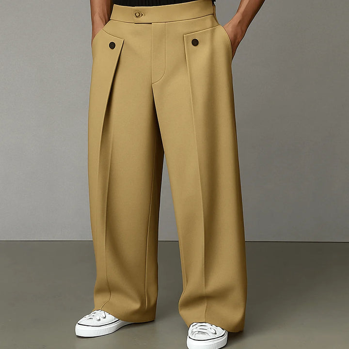 Mens Trousers Wide-Leg Pleated Woven Fabric Casual 0