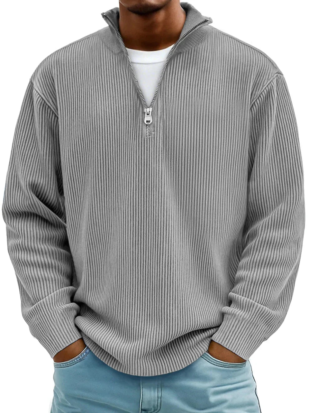 Mens Half Zip Jumper Ribbed Knit Lightweight Relaxed Fit 2