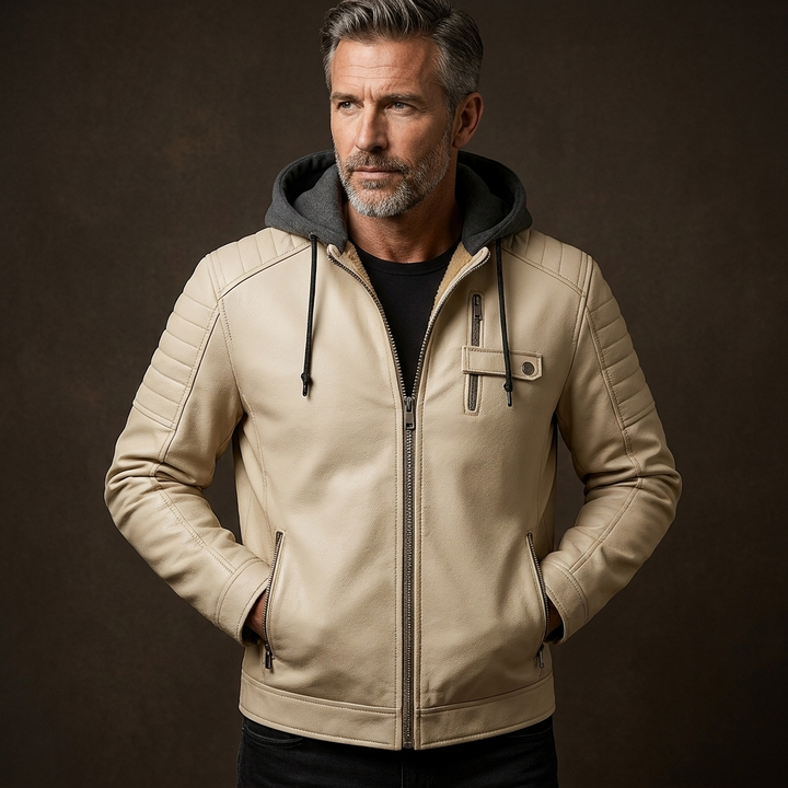 Men's Casual Removable Hood Leather Jacket Warm Lining 10