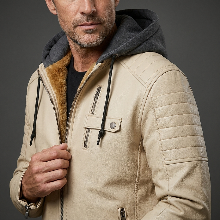 Men's Casual Removable Hood Leather Jacket Warm Lining 11