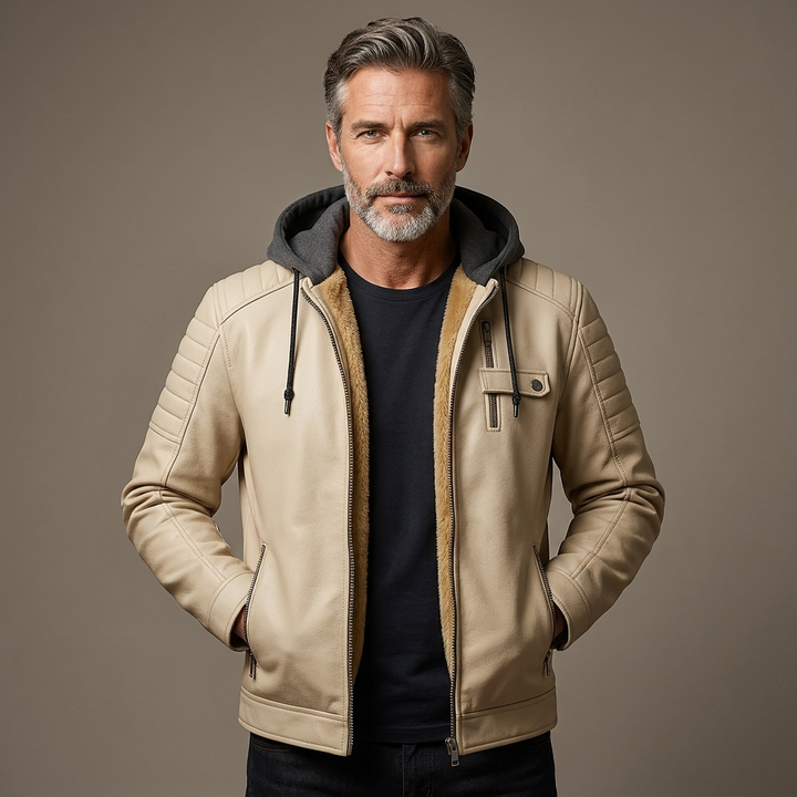 Men's Casual Removable Hood Leather Jacket Warm Lining 9