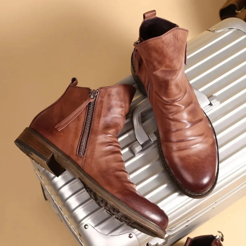Mens Classic Leather Side-Zip Chelsea Boots Durable Rubber 2