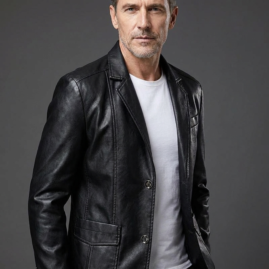 Men's Classic Tailored Button Front Leather Jacket 7