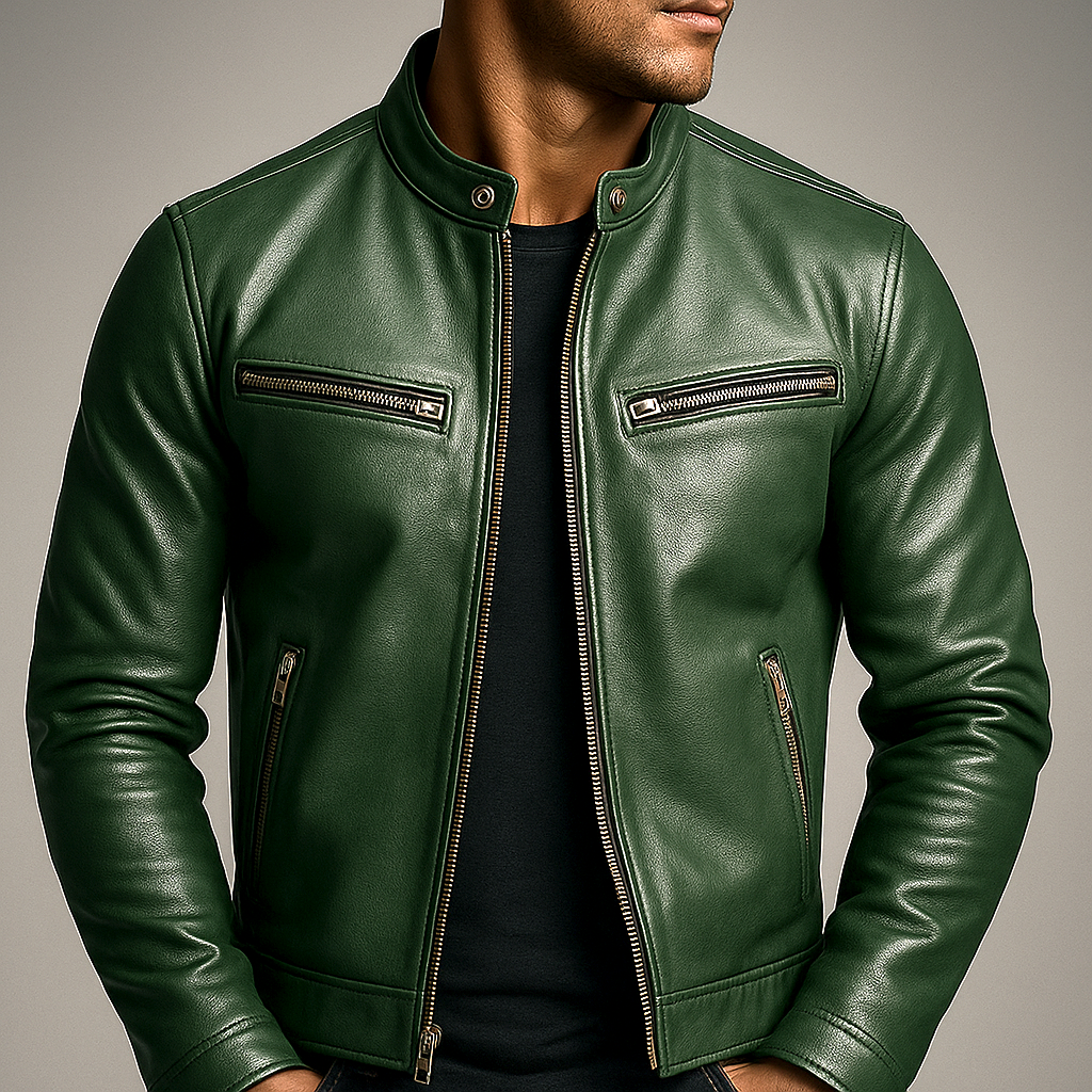 Men's Modern Fit Faux Leather Biker Jacket with Zip Pockets 0