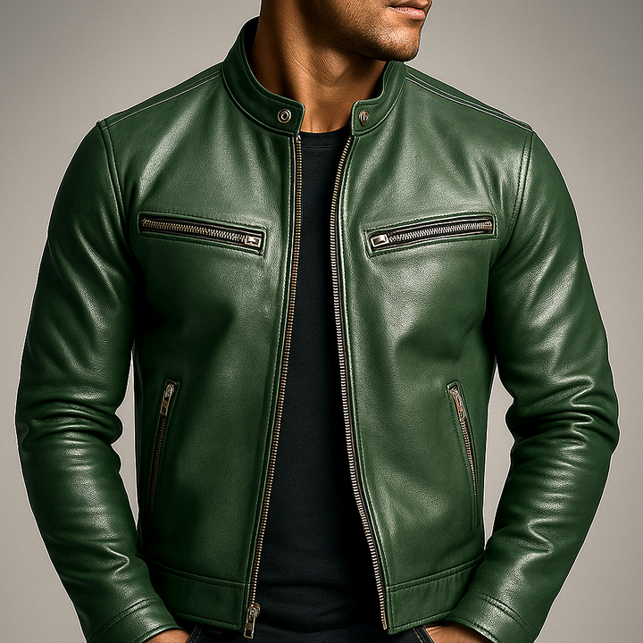 Men's Modern Fit Faux Leather Biker Jacket with Zip Pockets 0