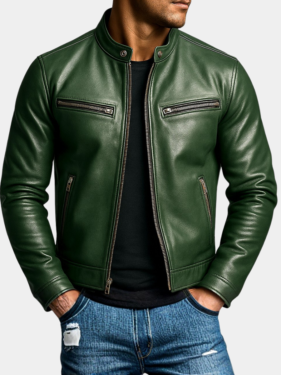 Men's Modern Fit Faux Leather Biker Jacket with Zip Pockets 1