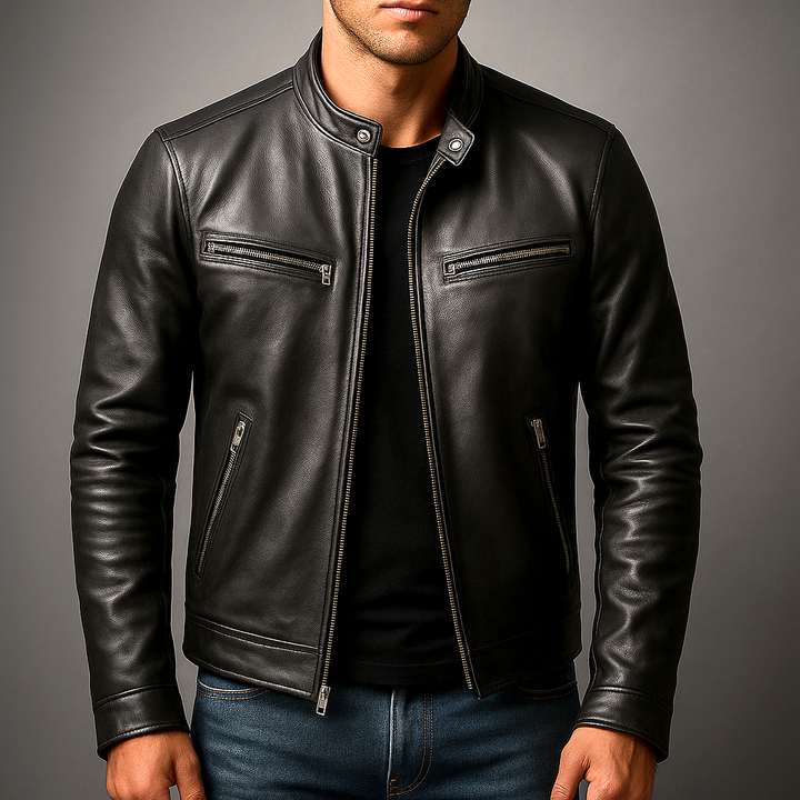 Men's Modern Fit Faux Leather Biker Jacket with Zip Pockets 2