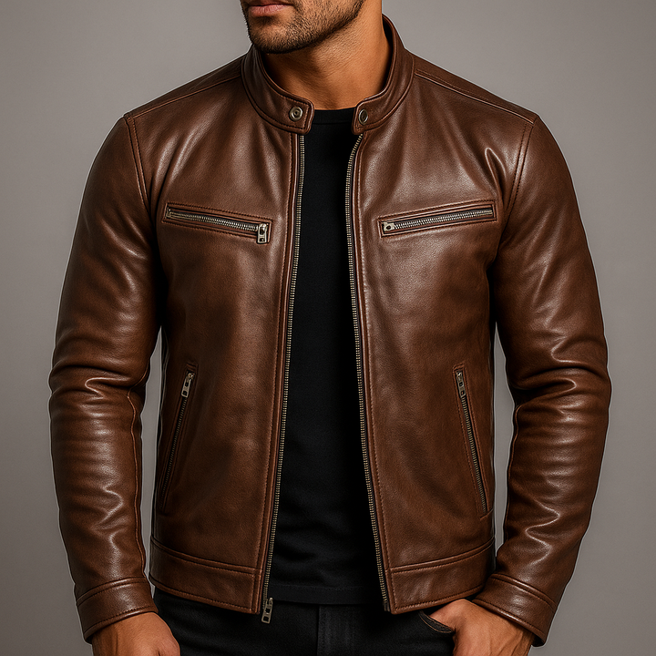 Men's Modern Fit Faux Leather Biker Jacket with Zip Pockets 3
