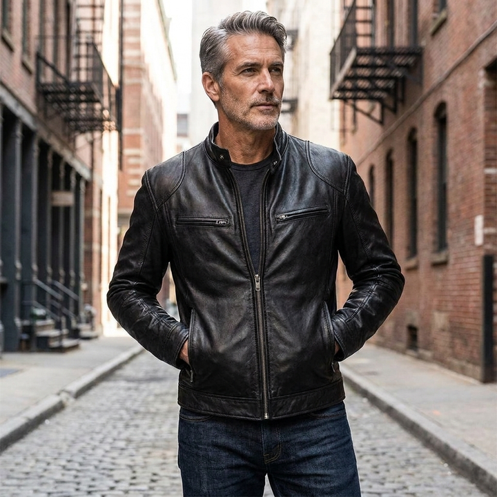 Men's Modern Fit Leather Jacket in Black with Soft Lining 10