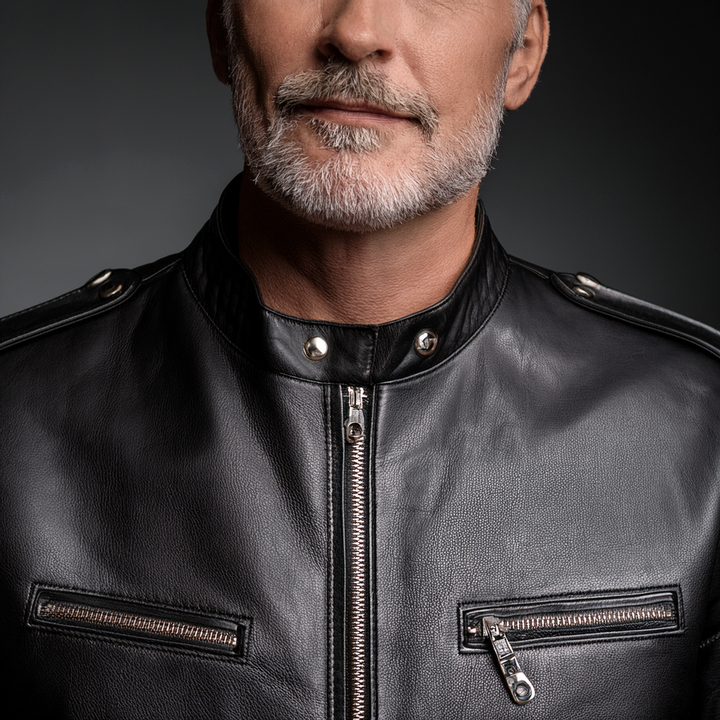 Men's Modern Fit Leather Jacket in Black with Soft Lining 11
