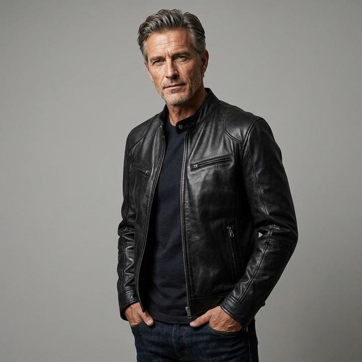 Men's Modern Fit Leather Jacket in Black with Soft Lining 9